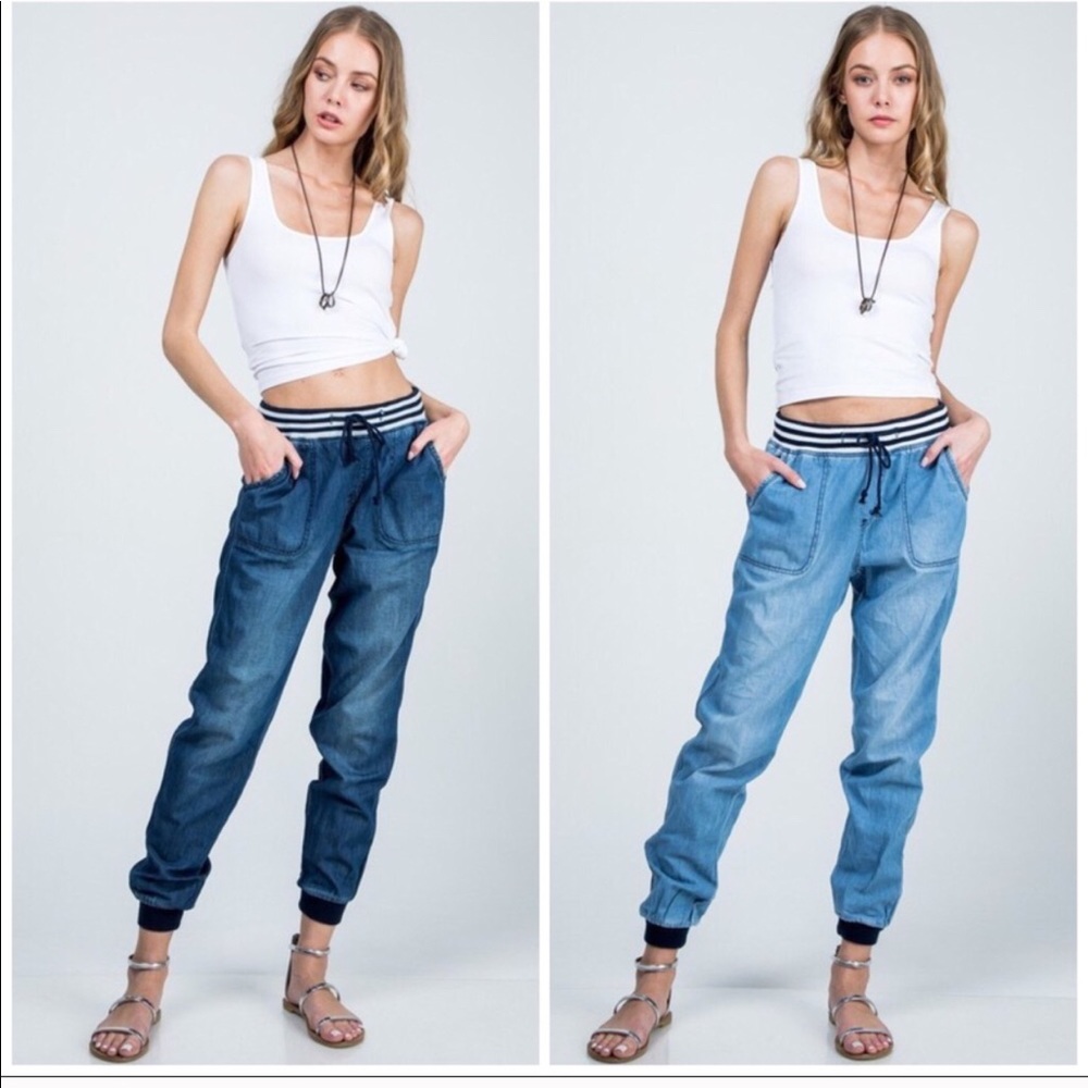 Striped-Waist Denim Jogger Pants - Blue